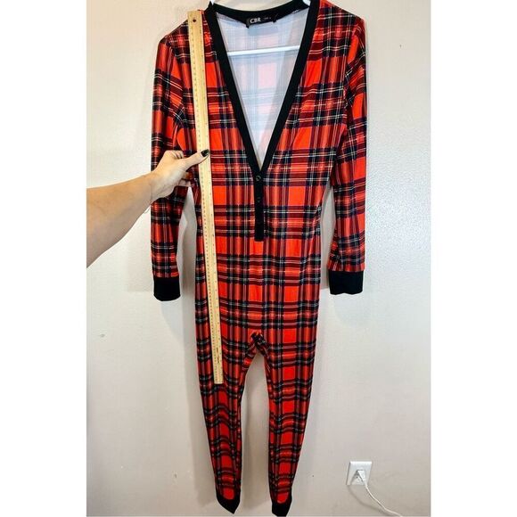 CBR Christmas Holiday Plaid Butt Button Flap Jumpsuit Romper Pajamas Women's S - Picture 9 of 16
